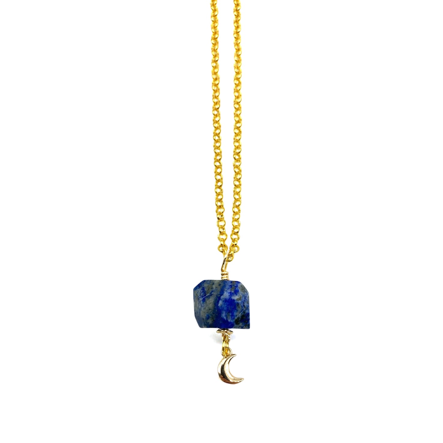 Lapis Lazuli Necklace Gold Hexagon with Moon Charm $35