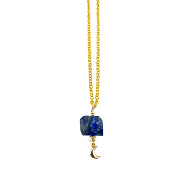 Lapis Lazuli  Necklace Gold Hexagon with Moon Charm $35
