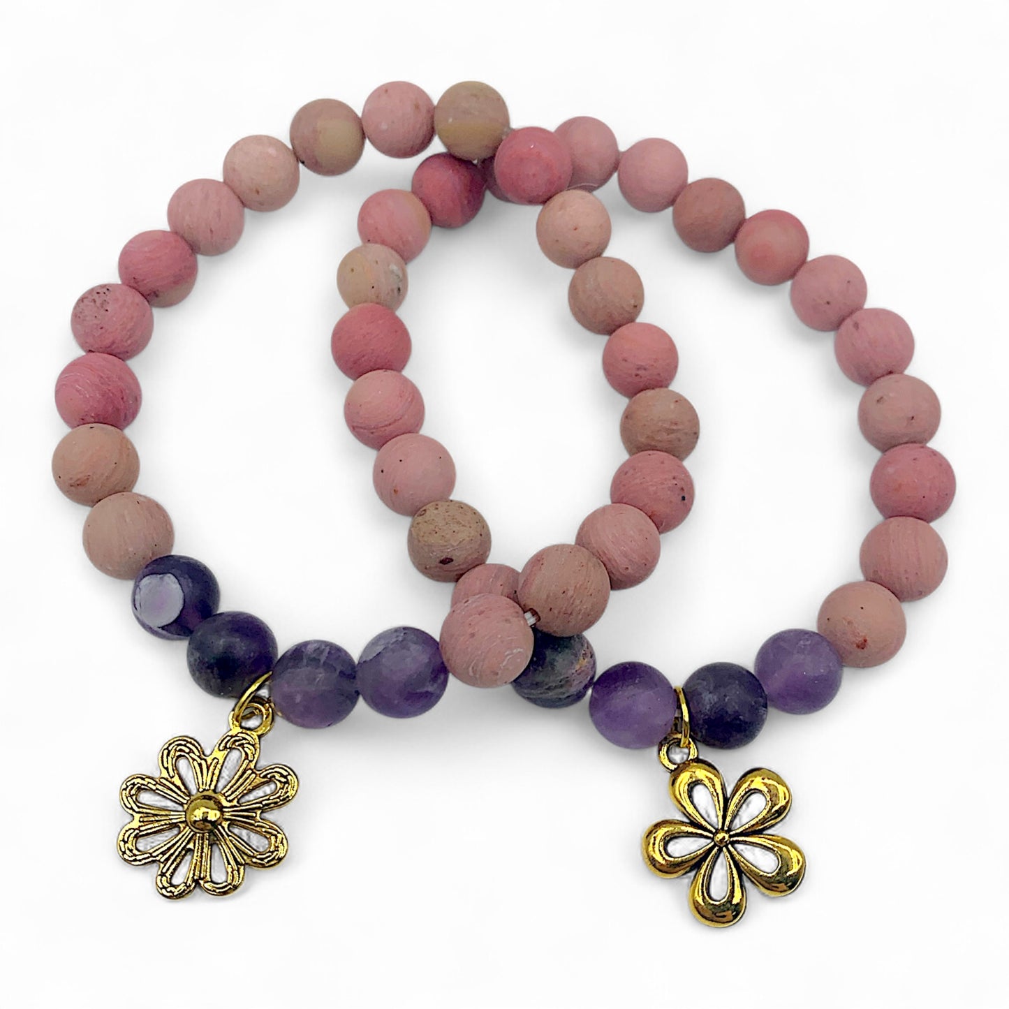 Bracelet - Rhodonite with Lepidolite and Flower Charm