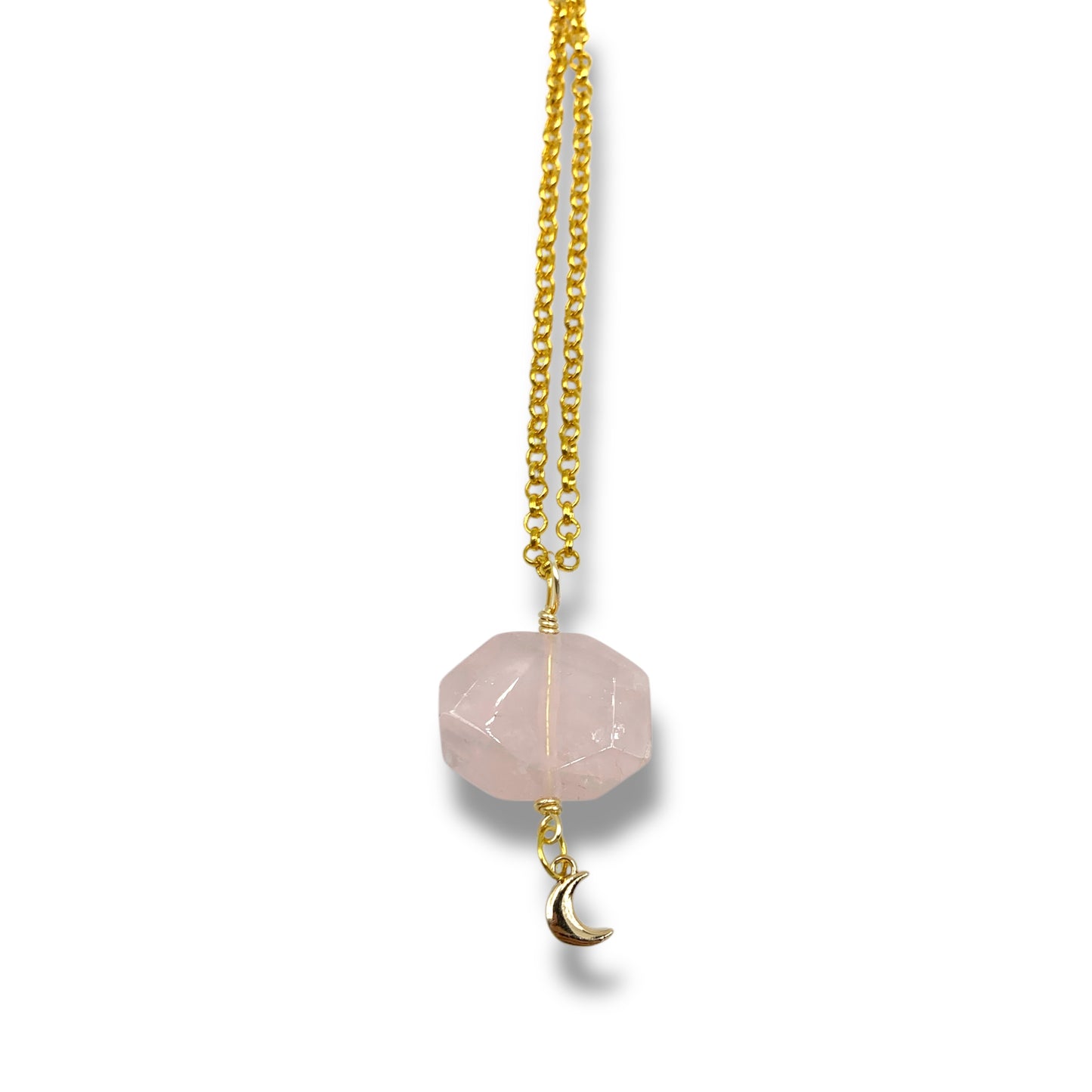 Necklace Gold - Rose Quartz Hexagon with Moon Charm $35