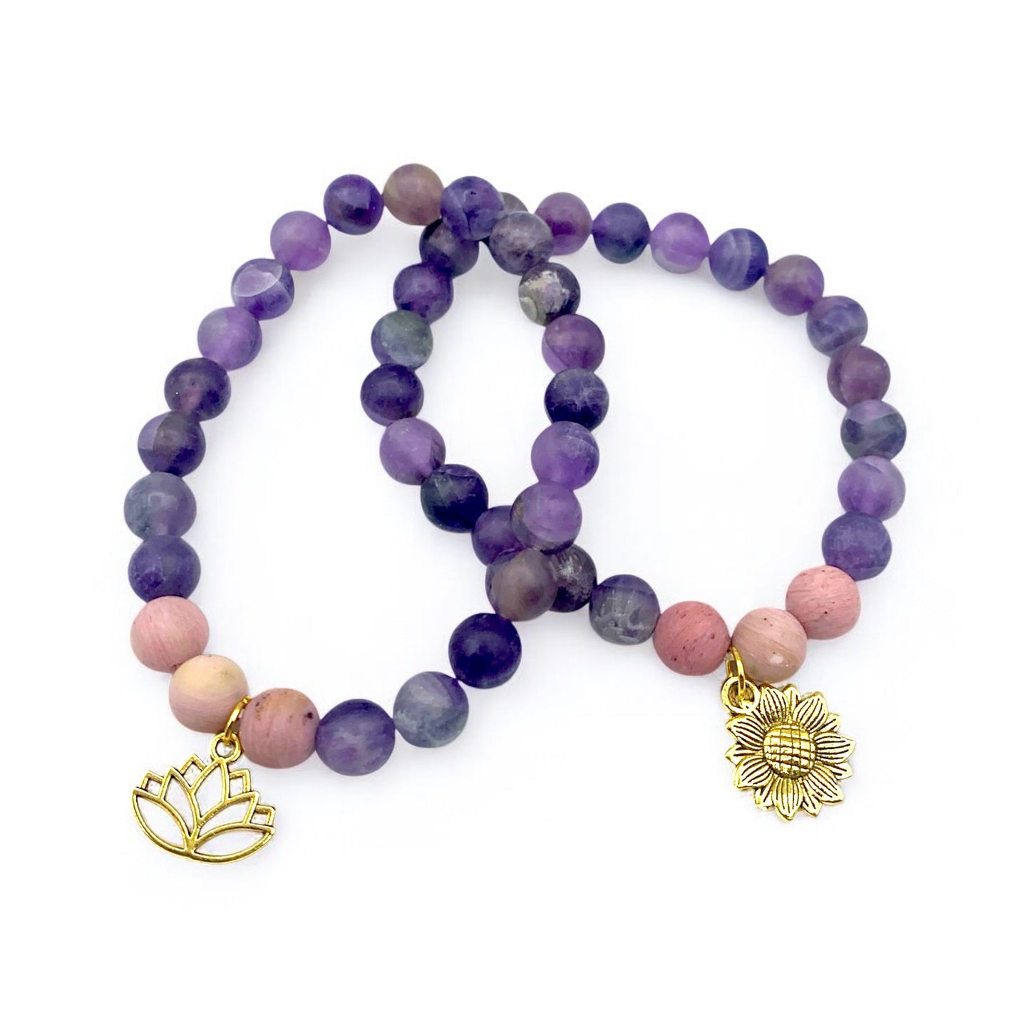 Bracelet - Lepidolite with Rhodonite and Flower Charm