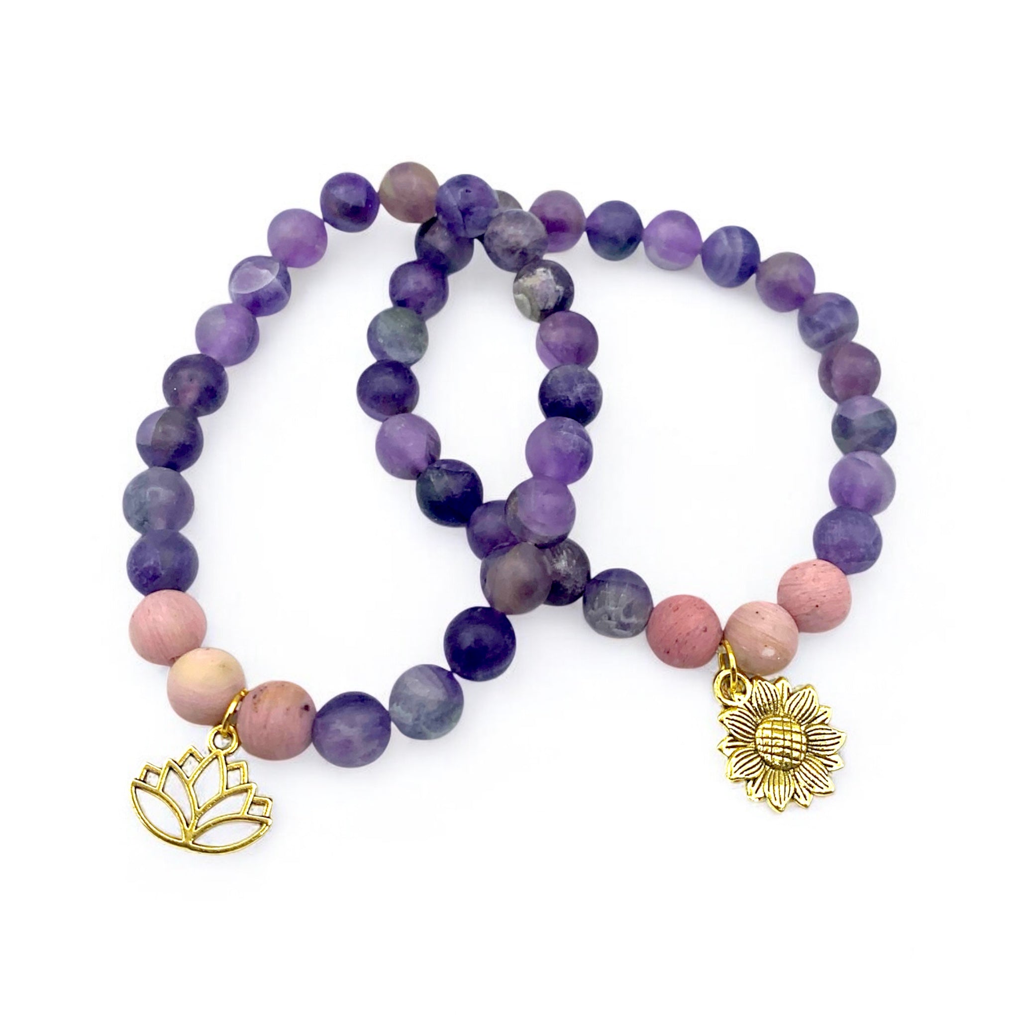 Bracelet - Lepidolite with Rhodonite and Flower Charm