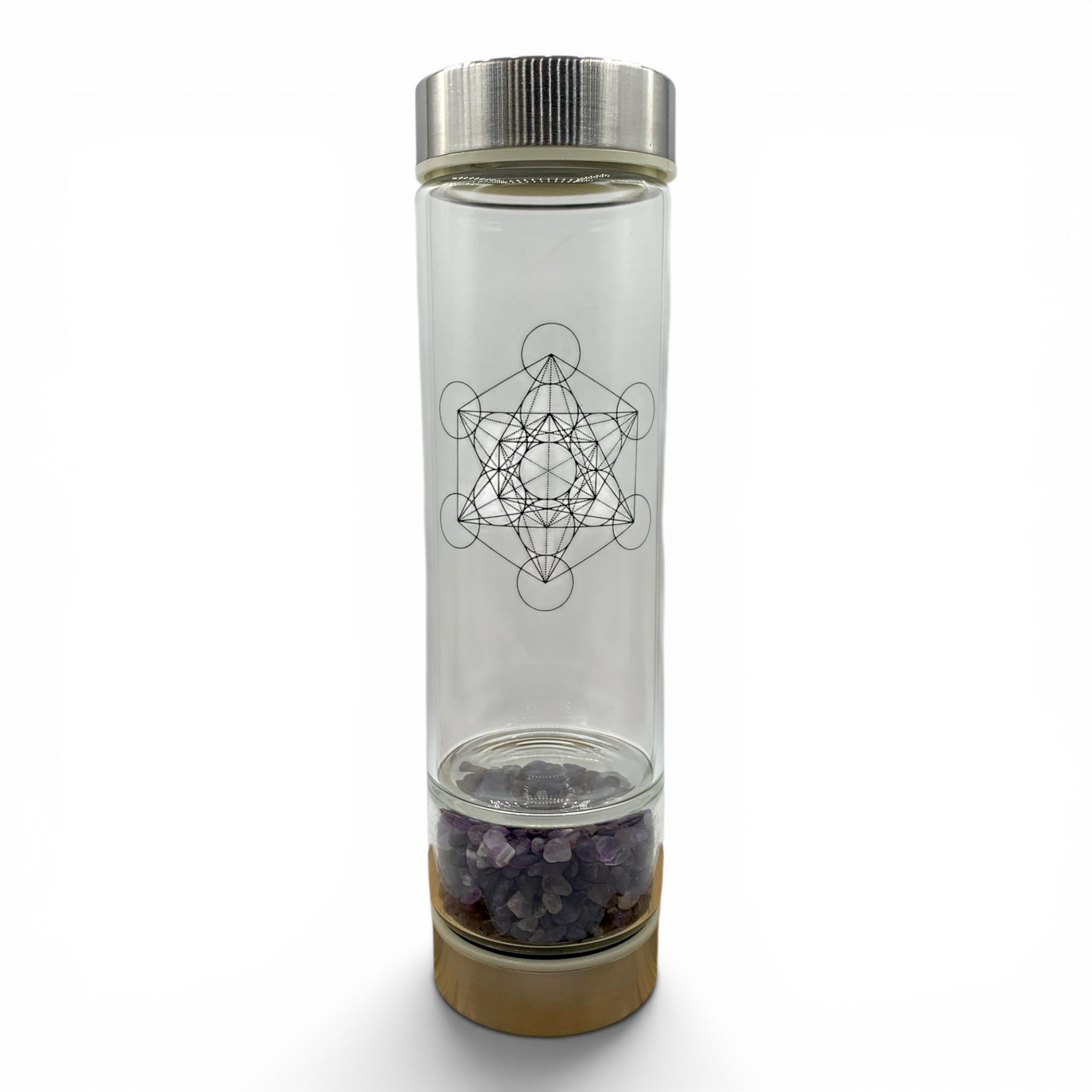 Glass Water Bottle - Amethyst & Metatron's Cube