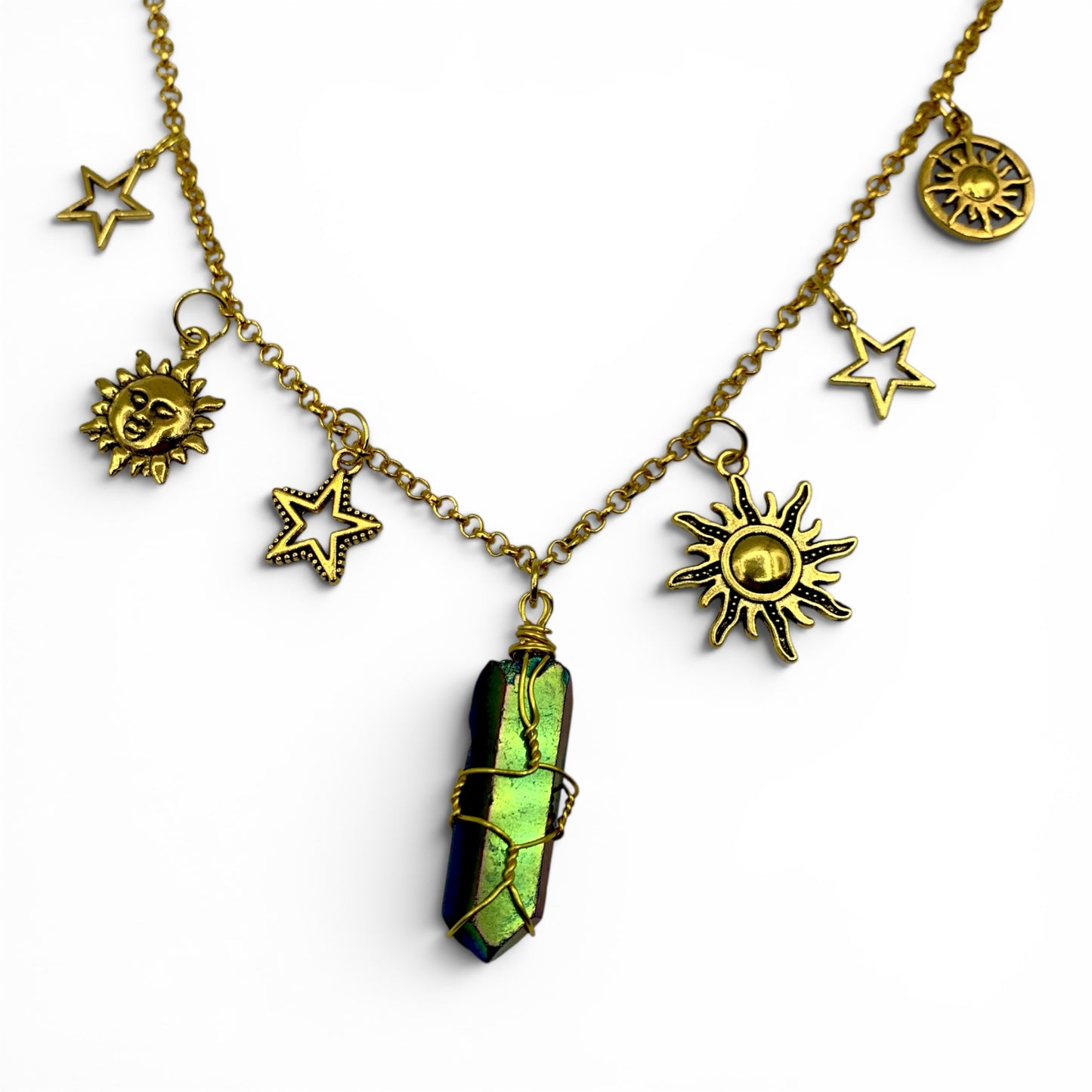 Necklace - Rainbow Aura Quartz & Celestial Charms $50