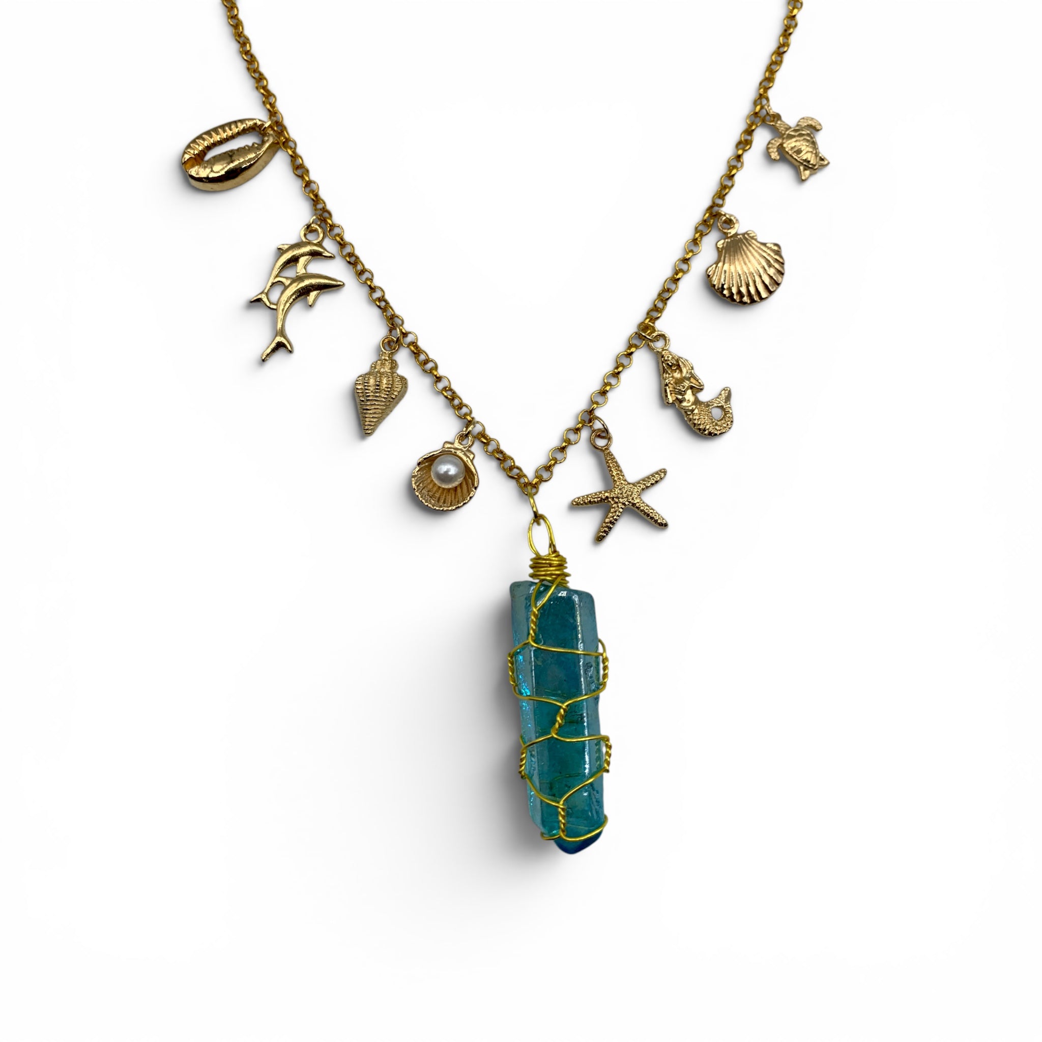 Necklace - Aqua Aura Quartz Mermaid Charms $80