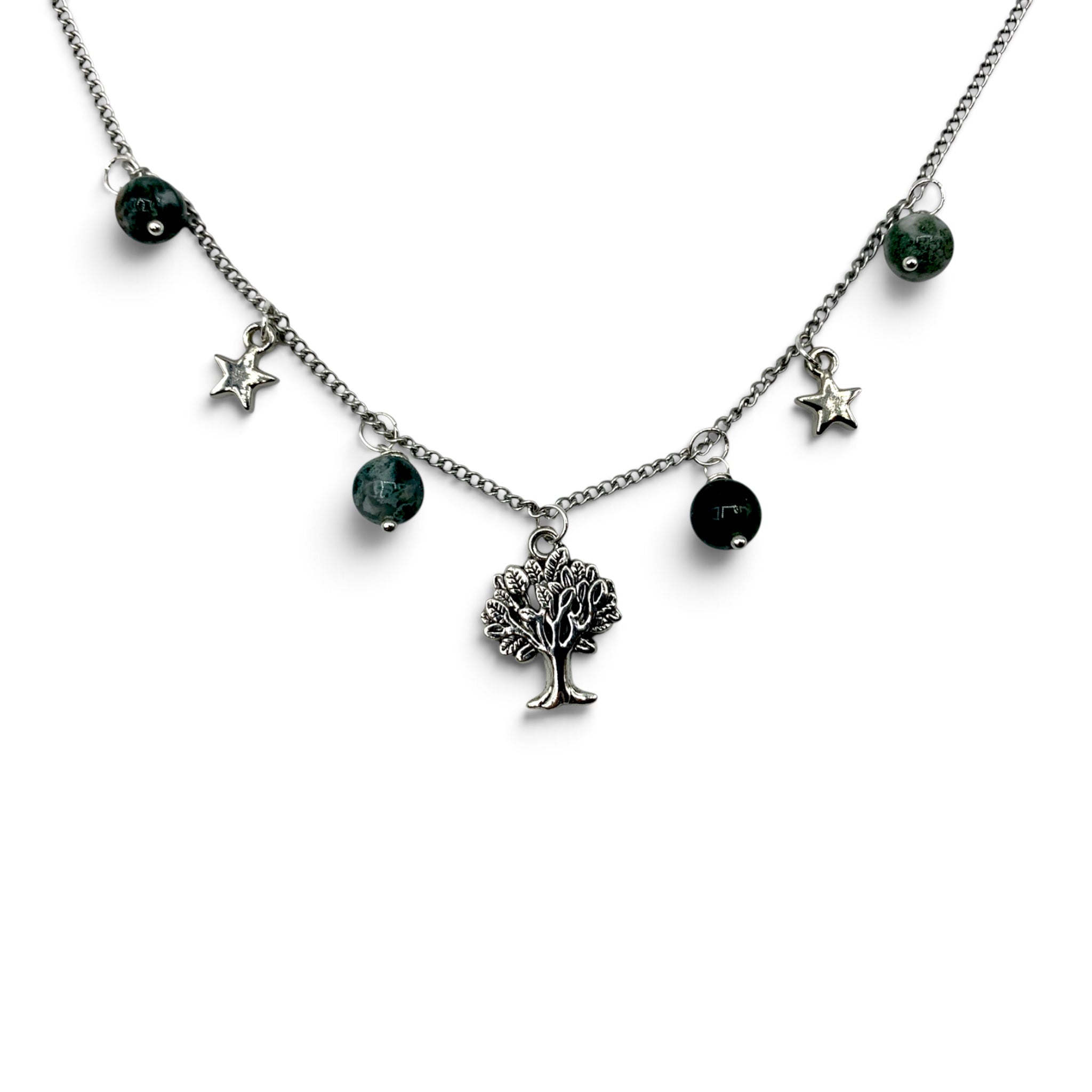 Necklace - Agate Moss Tree & Star Charms $80
