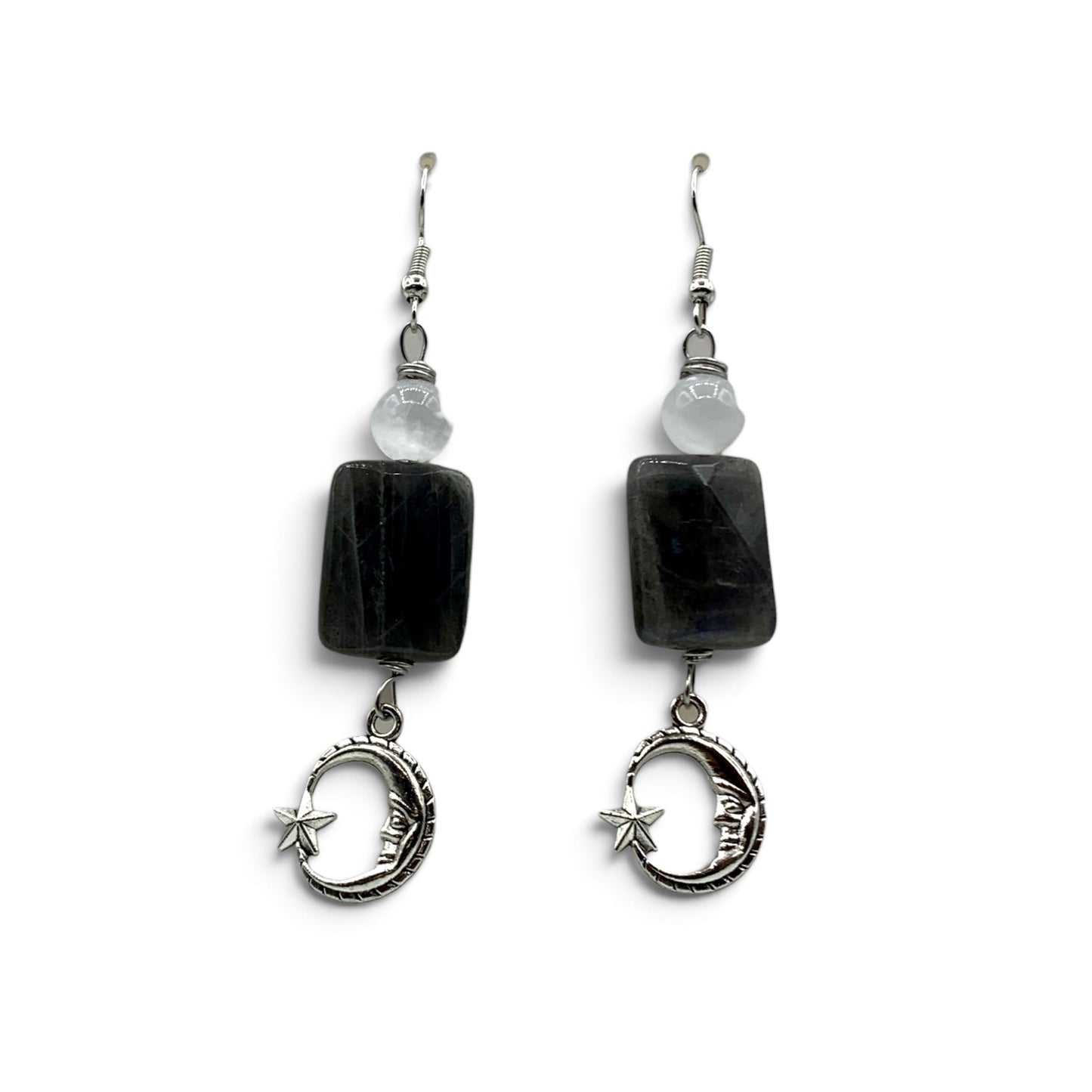 Earrings - Labradorite & Selenite Moon Charm $40