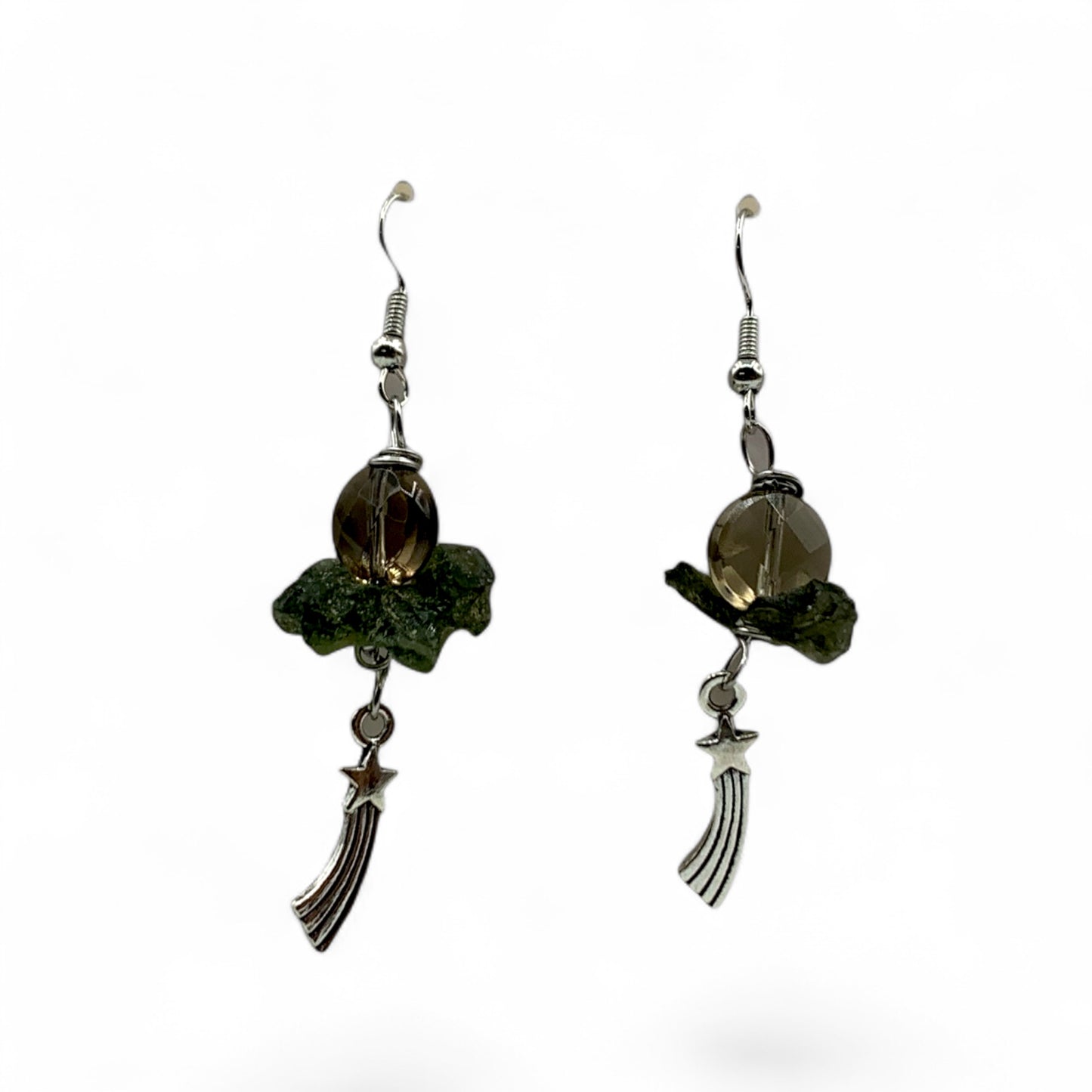 Earrings - Moldavite & Smoky Quartz with Shooting Star Charm $300