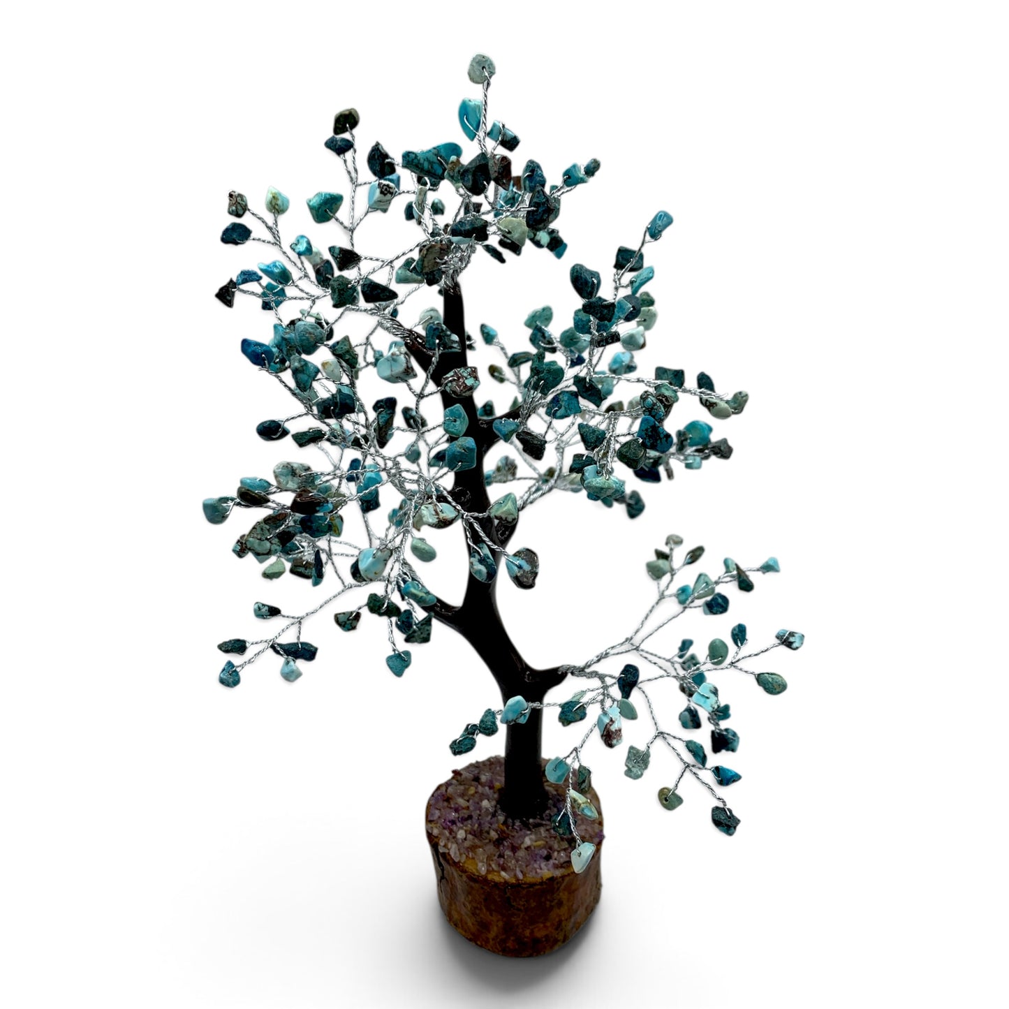 Gemstone Tree - Turquoise with Amethyst Base (Silver Coloured Wire) $70