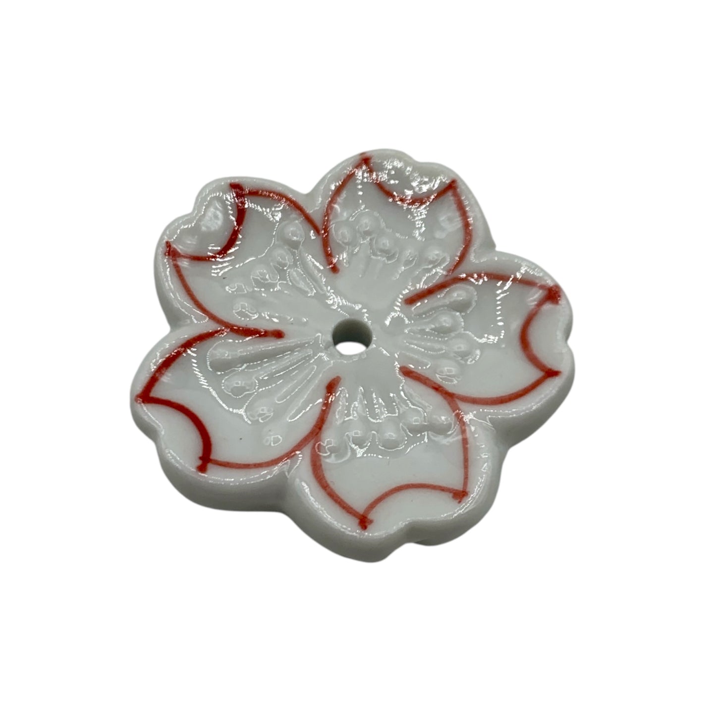 Incense Holder -  White Ceramic Flower with Red Outline