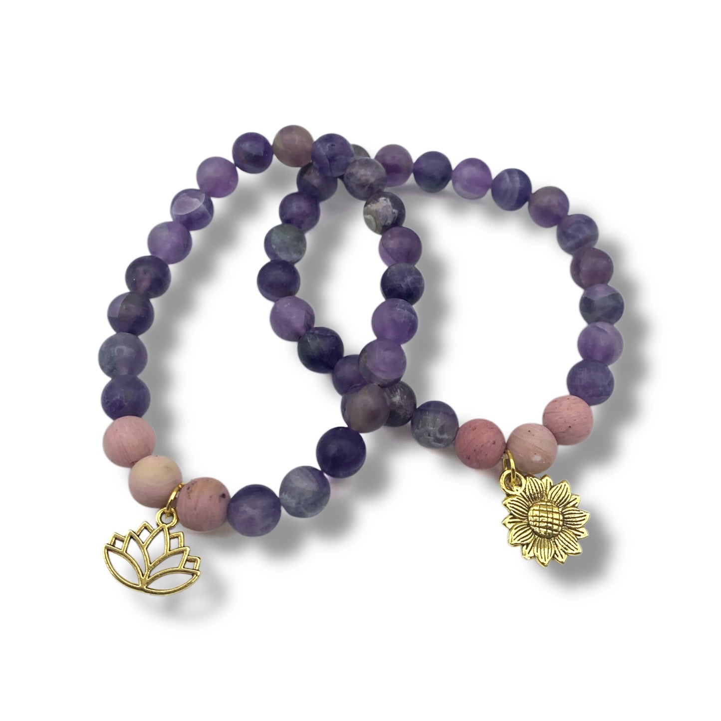 Bracelet - Lepidolite with Rhodonite and Flower Charm