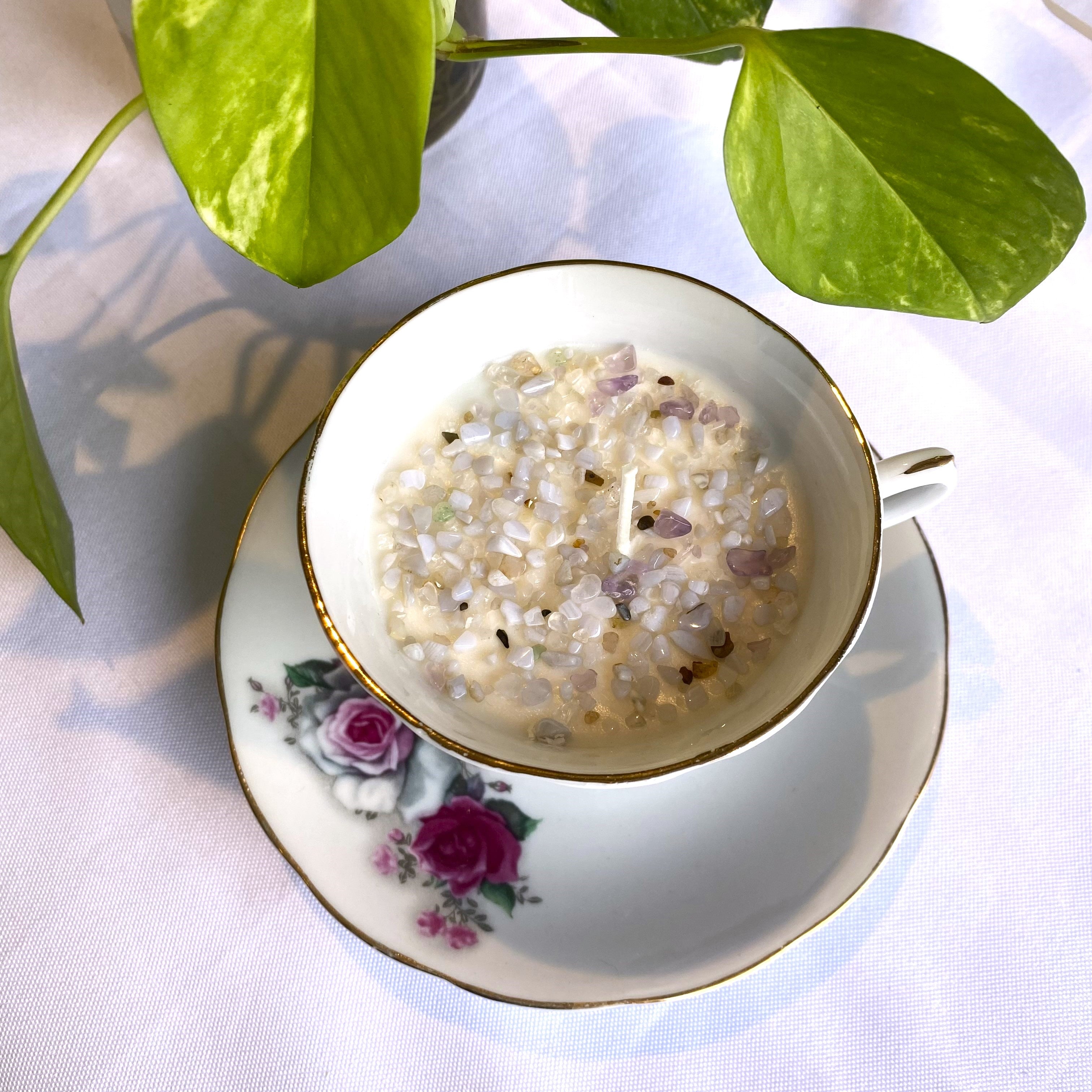 Vintage Teacup Soy Candle topped with Crystal Confetti